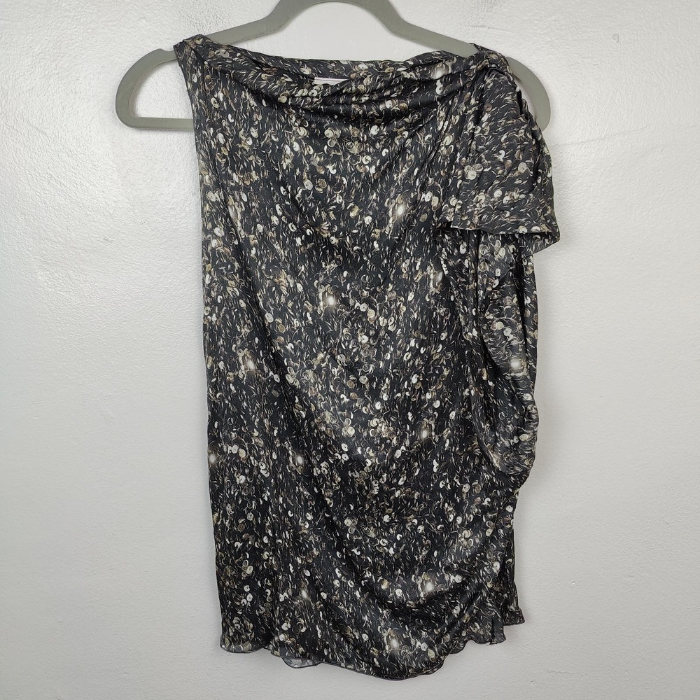 Lanvin Top Womens 40 (size 8) 100% Silk Sequin Print Ruffle Shoulder Blouse